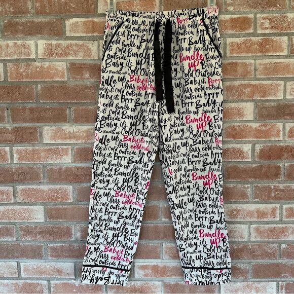 Kate Spade Flannel Pajamas Script Print Set Top Pants Women’s Small White Black - Picture 4 of 13